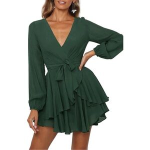V Neck Ruffle Long Sleeve Tie Waist Casual A Line Swing Mini Wrap Dress Green